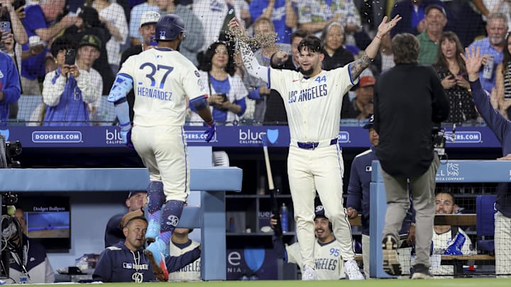 Jun 14, 2025; Los Angeles, California, USA; Los Angeles Dodgers right fielder Teoscar Hernandez, left, celebrates with center fielder Andy Pages after hitting a two-run home run during the sixth inning of a baseball game against the San Francisco Giants at Dodger Stadium. Mandatory Credit: Ryan Sun-Imagn Images Jun 14, 2025; Los Angeles, California, USA; Los Angeles Dodgers right fielder Teoscar Hernandez, left, celebrates with center fielder Andy Pages after hitting a two-run home run during the sixth inning of a baseball game against the San Francisco Giants at Dodger Stadium. Mandatory Credit: Ryan Sun-Imagn Images