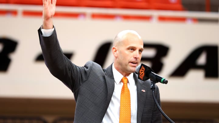 New Oklahoma State University head men's basketball coach Steve Lutz speaks during an introduction ceremony of the at Gallagher-Iba Arena in Stillwater, Okla., Thursday, April 4, 2024. New Oklahoma State University head men's basketball coach Steve Lutz speaks during an introduction ceremony of the at Gallagher-Iba Arena in Stillwater, Okla., Thursday, April 4, 2024.