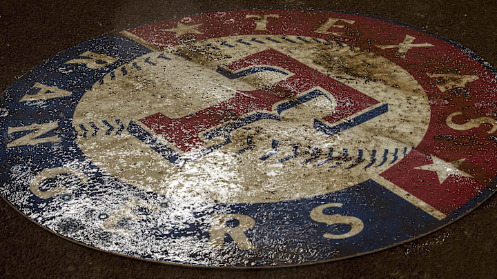 Sep 19, 2016; Arlington, TX, USA; A general view of the Texas Rangers logo during a rain delay in the eighth inning between the Texas Rangers and the Los Angeles Angels at Globe Life Park in Arlington.
