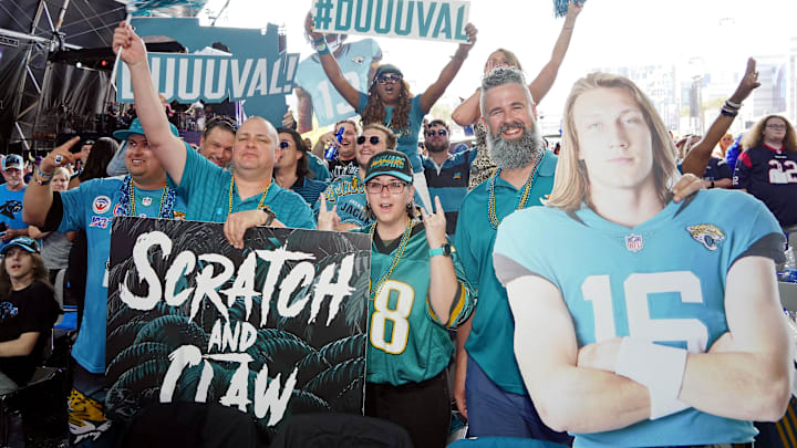 Apr 28, 2022; Las Vegas, NV, USA; Jacksonville Jaguars fans cheer before the first round of the 2022 NFL Draft at the NFL Draft Theater. Mandatory Credit: Kirby Lee-Imagn Images