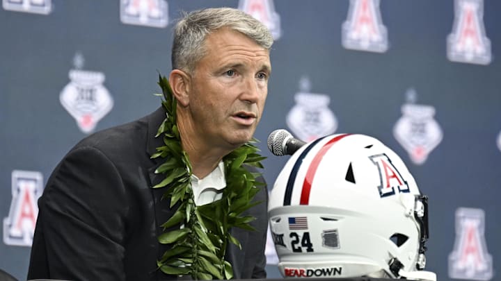 Jul 10, 2024; Las Vegas, NV, USA; Arizona Wildcats head coach Brent Brennan speaks to the media during the Big 12 Media Days at Allegiant Stadium Jul 10, 2024; Las Vegas, NV, USA; Arizona Wildcats head coach Brent Brennan speaks to the media during the Big 12 Media Days at Allegiant Stadium