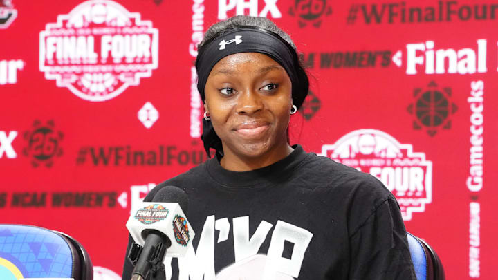 Apr 4, 2026; Phoenix, AZ, USA; South Carolina Gamecocks guard Raven Johnson (25) at press conference at Mortgage Matchup Center. Mandatory Credit: Kirby Lee-Imagn Images