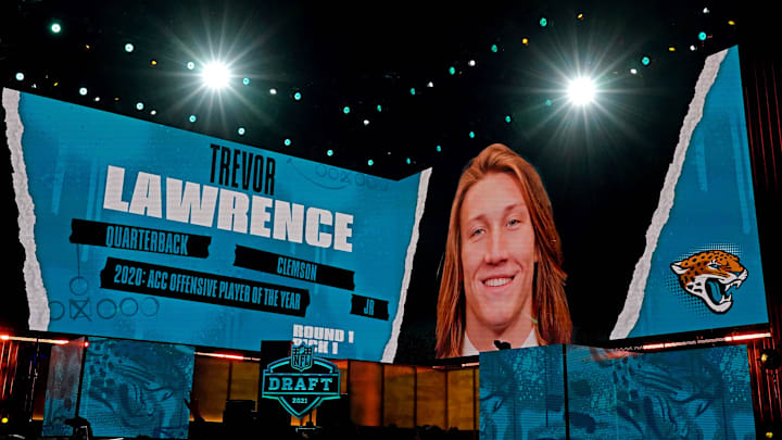 Apr 29, 2021; Cleveland, Ohio, USA; NFL commissioner Roger Goodell announces Trevor Lawrence