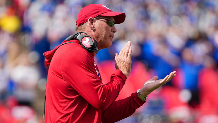 Sep 28, 2024; Kansas City, Missouri, USA; Kansas Jayhawks head coach Lance Leipold celebrates on field after scoring against the TCU Horned Frogs during the first half at GEHA Field at Arrowhead Stadium. Mandatory Credit: Denny Medley-Imagn Images Sep 28, 2024; Kansas City, Missouri, USA; Kansas Jayhawks head coach Lance Leipold celebrates on field after scoring against the TCU Horned Frogs during the first half at GEHA Field at Arrowhead Stadium. Mandatory Credit: Denny Medley-Imagn Images