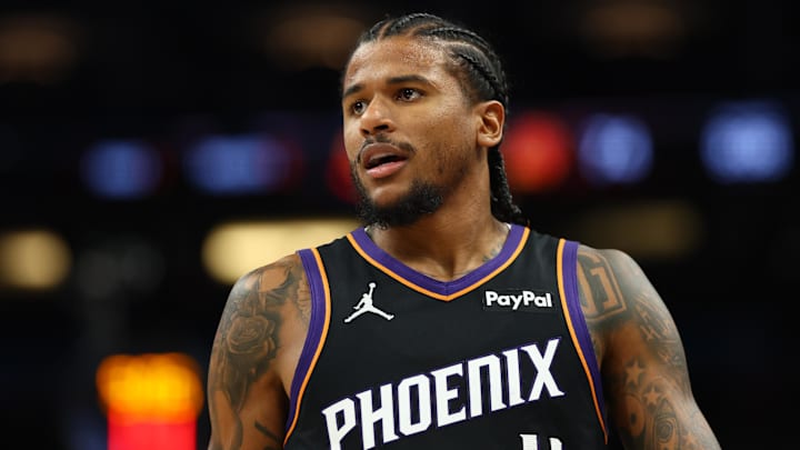 Apr 27, 2026; Phoenix, Arizona, USA; Phoenix Suns guard Jalen Green (4) against the Oklahoma City Thunder during game four of the first round of the 2026 NBA Playoffs at Mortgage Matchup Center. Mandatory Credit: Mark J. Rebilas-Imagn Images
