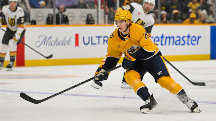 Mar 21, 2026; Nashville, Tennessee, USA;  Nashville Predators right wing Matthew Wood (71) skates with the puck against the Vegas Golden Knights during the first period at Bridgestone Arena. Mandatory Credit: Steve Roberts-Imagn Images