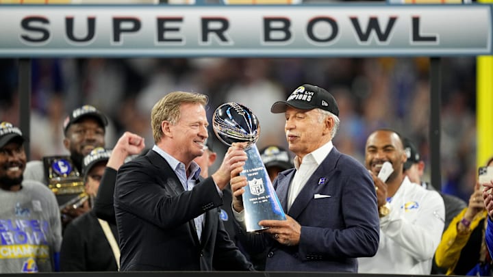 NFL Commissioner Roger Goodell presents Los Angeles Rams owner Stan Kroenke the Lombardi Trophy at the conclusion of Super Bowl 56 between the Los Angeles Rams and the Cincinnati Bengals, Sunday, Feb. 13, 2022, at SoFi Stadium in Inglewood, Calif. The Cincinnati Bengals lost, 23-20.

Nfl Super Bowl 56 Los Angeles Rams Vs Cincinnati Bengals Feb 13 2022 3140