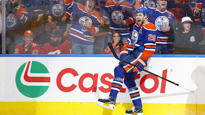 Edmonton Oilers forward Leon Draisaitl (29) celebrates after scoring his 50th goal of the season