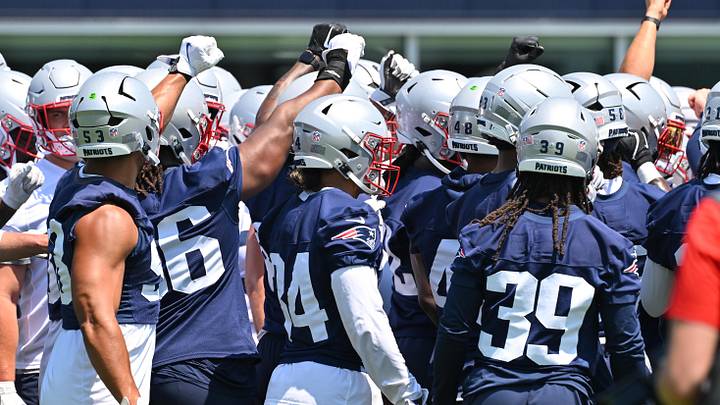 Jun 10, 2026; Foxborough, MA, USA; The New England Patriots huddle before the start of drills during minicamp at Gillette Stadium. Mandatory Credit: Eric Canha-Imagn Images Jun 10, 2026; Foxborough, MA, USA; The New England Patriots huddle before the start of drills during minicamp at Gillette Stadium. Mandatory Credit: Eric Canha-Imagn Images