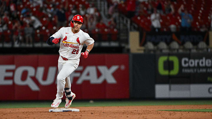 Apr 14, 2026; St. Louis, Missouri, USA; St. Louis Cardinals second baseman JJ Wetherholt (26) runs the bases after hitting a two run home run for his second home run of the game against the Cleveland Guardians during the eighth inning at Busch Stadium. Mandatory Credit: Jeff Curry-Imagn Images