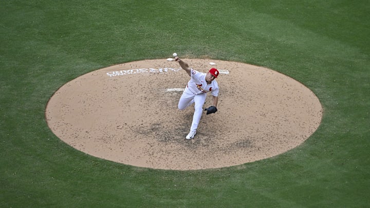 Aug 29, 2024; St. Louis, Missouri, USA; St. Louis Cardinals relief pitcher Ryan Helsley (56) pitches against the San Diego Padres during the ninth inning at Busch Stadium. Mandatory Credit: Jeff Curry-Imagn Images Aug 29, 2024; St. Louis, Missouri, USA; St. Louis Cardinals relief pitcher Ryan Helsley (56) pitches against the San Diego Padres during the ninth inning at Busch Stadium. Mandatory Credit: Jeff Curry-Imagn Images