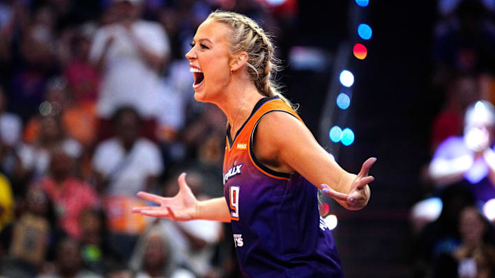 July 19, 2024; Phoenix, Ariz., U.S.; Mercury guard Sophie Cunningham celebrates after finishing during the WNBA All-Star Skills Challenge.