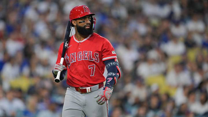 Jun 5, 2026; Los Angeles, California, USA;  Los Angeles Angels right fielder Jo Adell (7) walks back to the dugout after striking out during the fourth inning against the Los Angeles Dodgers at Dodger Stadium. Mandatory Credit: Jayne Kamin-Oncea-Imagn Images