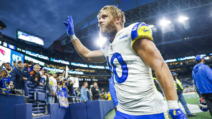 Nov 3, 2024; Seattle, Washington, USA; Los Angeles Rams wide receiver Cooper Kupp (10) waves to fans following an overtime victory against the Seattle Seahawks at Lumen Field. Mandatory Credit: Joe Nicholson-Imagn Images Nov 3, 2024; Seattle, Washington, USA; Los Angeles Rams wide receiver Cooper Kupp (10) waves to fans following an overtime victory against the Seattle Seahawks at Lumen Field. Mandatory Credit: Joe Nicholson-Imagn Images