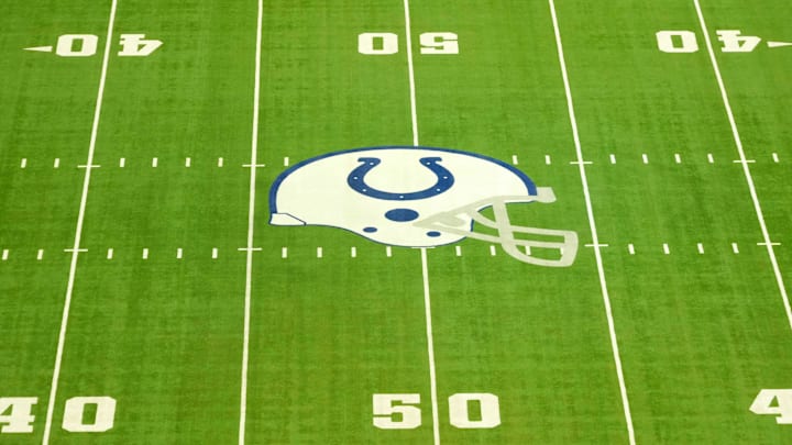 Feb 25, 2025; Indianapolis, IN, USA; The Indianapolis Colts helmet logo at midfield at Lucas Oil Stadium. Mandatory Credit: Kirby Lee-Imagn Images Feb 25, 2025; Indianapolis, IN, USA; The Indianapolis Colts helmet logo at midfield at Lucas Oil Stadium. Mandatory Credit: Kirby Lee-Imagn Images