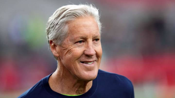 Jan 7, 2024; Glendale, Arizona, USA; Seattle Seahawks head coach Pete Carroll looks on prior to facing the against the Arizona Cardinals at State Farm Stadium. 