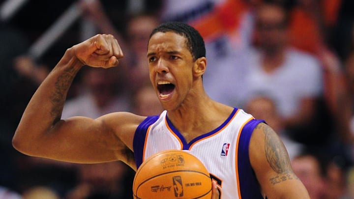 Apr. 19, 2012; Phoenix, AZ, USA; Phoenix Suns center Channing Frye reacts as he celebrates a play in the second half against the Los Angeles Clippers at the US Airways Center. The Suns defeated the Clippers 93-90. Mandatory Credit: Mark J. Rebilas-Imagn Images Apr. 19, 2012; Phoenix, AZ, USA; Phoenix Suns center Channing Frye reacts as he celebrates a play in the second half against the Los Angeles Clippers at the US Airways Center. The Suns defeated the Clippers 93-90. Mandatory Credit: Mark J. Rebilas-Imagn Images