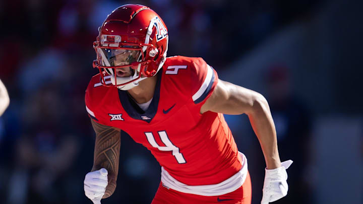 Nov 30, 2024; Tucson, Arizona, USA; Arizona Wildcats wide receiver Tetairoa McMillan (4) against the Arizona State Sun Devils during the Territorial Cup at Arizona Stadium Nov 30, 2024; Tucson, Arizona, USA; Arizona Wildcats wide receiver Tetairoa McMillan (4) against the Arizona State Sun Devils during the Territorial Cup at Arizona Stadium