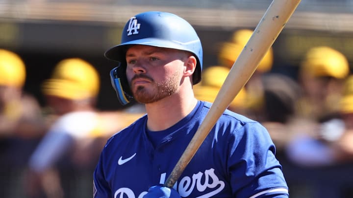 Feb 22, 2024; Peoria, Arizona, USA; Los Angeles Dodgers infielder Gavin Lux against the San Diego