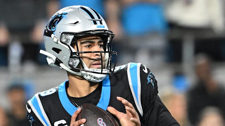 Carolina Panthers quarterback Bryce Young (9) looks to pass in the second quarter