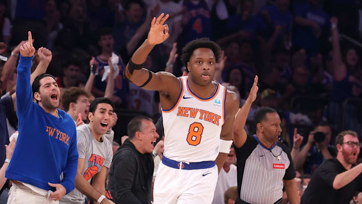 May 19, 2024; New York, New York, USA; New York Knicks forward OG Anunoby (8) celebrates his three point shot against the Indiana Pacers during the first quarter of game seven of the second round of the 2024 NBA playoffs at Madison Square Garden. Mandatory Credit: Brad Penner-USA TODAY Sports