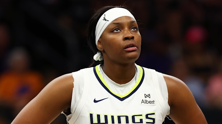 Jun 11, 2025; Phoenix, Arizona, USA; Dallas Wings forward NaLyssa Smith (1) against the Phoenix Mercury at PHX Arena. Mandatory Credit: Mark J. Rebilas-Imagn Images Jun 11, 2025; Phoenix, Arizona, USA; Dallas Wings forward NaLyssa Smith (1) against the Phoenix Mercury at PHX Arena. Mandatory Credit: Mark J. Rebilas-Imagn Images