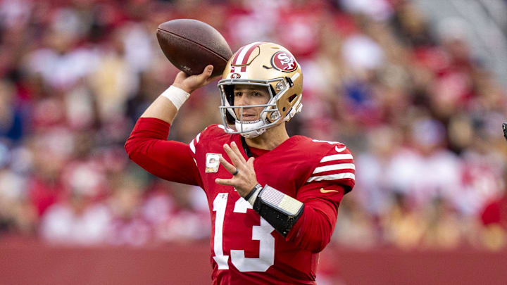 November 17, 2024; Santa Clara, California, USA; San Francisco 49ers quarterback Brock Purdy (13) passes the football against the Seattle Seahawks during the third quarter at Levi's Stadium. Mandatory Credit: Kyle Terada-Imagn Images November 17, 2024; Santa Clara, California, USA; San Francisco 49ers quarterback Brock Purdy (13) passes the football against the Seattle Seahawks during the third quarter at Levi's Stadium. Mandatory Credit: Kyle Terada-Imagn Images