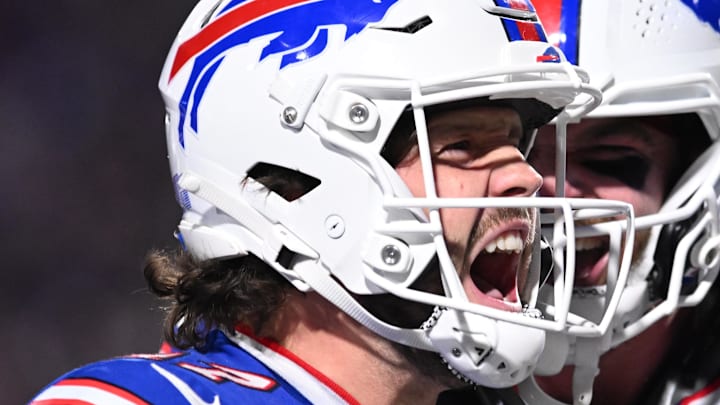 Nov. 17, 2024; Orchard Park, New York, USA; Buffalo Bills quarterback Josh Allen (17) reacts to scoring a rushing touchdown against the Kansas City Chiefs in the fourth quarter at Highmark Stadium. Nov. 17, 2024; Orchard Park, New York, USA; Buffalo Bills quarterback Josh Allen (17) reacts to scoring a rushing touchdown against the Kansas City Chiefs in the fourth quarter at Highmark Stadium.