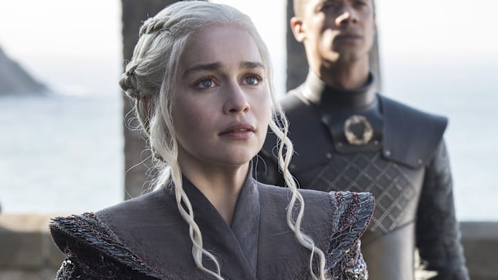 Emilia Clarke (Daenerys Targaryen) and Jacob Anderson (Grey Worm) in Game of Thrones season 7 Episode 1, "Dragonstone"