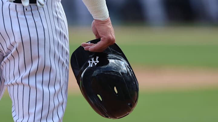 Mar 9, 2023; Tampa, Florida, USA; A detail view of New York Yankees third baseman Josh Donaldson (28) helmet on base against the Boston Red Sox at George M. Steinbrenner Field. Mandatory Credit: Kim Klement-Imagn Images Mar 9, 2023; Tampa, Florida, USA; A detail view of New York Yankees third baseman Josh Donaldson (28) helmet on base against the Boston Red Sox at George M. Steinbrenner Field. Mandatory Credit: Kim Klement-Imagn Images