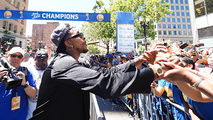Jun 12, 2018; Oakland, CA, USA; Golden State Warriors guard Nick Young (6) greets fans during the championship parade in downtown Oakland. Mandatory Credit: Kelley L Cox-USA TODAY Sports Jun 12, 2018; Oakland, CA, USA; Golden State Warriors guard Nick Young (6) greets fans during the championship parade in downtown Oakland. Mandatory Credit: Kelley L Cox-USA TODAY Sports