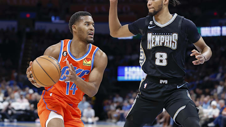 Apr 9, 2023; Oklahoma City, Oklahoma, USA; Oklahoma City Thunder guard Jared Butler (14) is defended by Memphis Grizzlies forward Ziaire Williams (8) on a drive during the first quarter at Paycom Center. Mandatory Credit: Alonzo Adams-Imagn Images