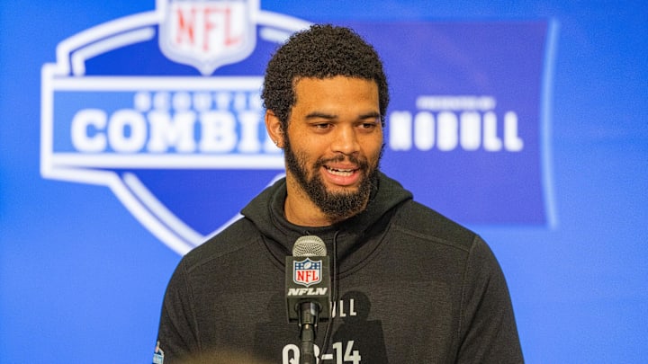 Mar 1, 2024; Indianapolis, IN, USA; Southern California quarterback Caleb Williams (QB14) talks to the media at the 2024 NFL Scouting Combine. 