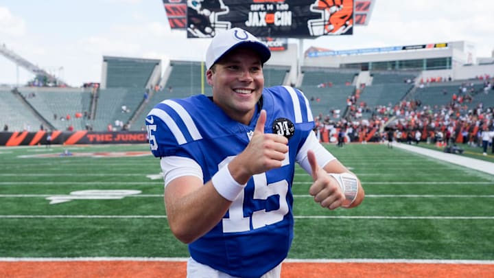 Indianapolis Colts quarterback Riley Leonard (15) leaves the field Saturday, Aug. 23, 2025, after defeating the Cincinnati Bengals 41-14 at Paycor Stadium in Cincinnati. Indianapolis Colts quarterback Riley Leonard (15) leaves the field Saturday, Aug. 23, 2025, after defeating the Cincinnati Bengals 41-14 at Paycor Stadium in Cincinnati.