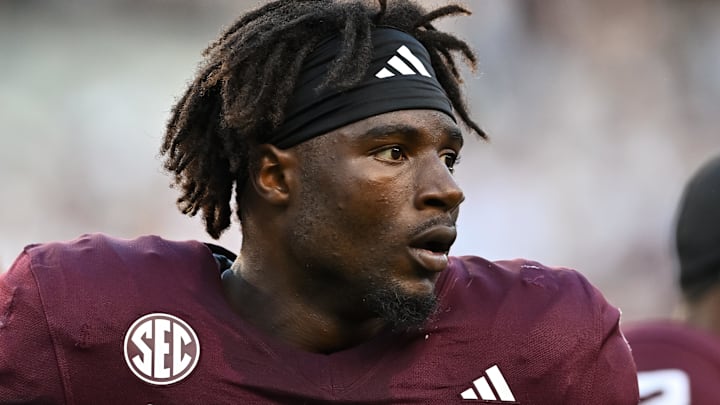 Sep 21, 2024; College Station, Texas, USA; Texas A&M Aggies running back Le'Veon Moss (8) looks on prior to the game against the Bowling Green Falcons at Kyle Field. Mandatory Credit: Maria Lysaker-Imagn Images. 