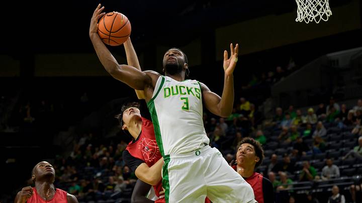 Oregon forward Dwayne Aristode rebounds the ball as the Oregon Ducks host the Seattle University Redhawks on Oct. 15, 2026, at Matthew Knight Arena in Eugene, Oregon. Oregon forward Dwayne Aristode rebounds the ball as the Oregon Ducks host the Seattle University Redhawks on Oct. 15, 2026, at Matthew Knight Arena in Eugene, Oregon.