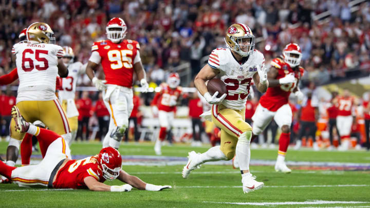 Feb 11, 2024; Paradise, Nevada, USA; San Francisco 49ers running back Christian McCaffrey (23) scores a touchdown in the first half of Super Bowl LVIII at Allegiant Stadium. Mandatory Credit: Mark J. Rebilas-USA TODAY Sports Feb 11, 2024; Paradise, Nevada, USA; San Francisco 49ers running back Christian McCaffrey (23) scores a touchdown in the first half of Super Bowl LVIII at Allegiant Stadium. Mandatory Credit: Mark J. Rebilas-USA TODAY Sports