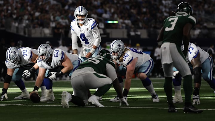 Dallas Cowboys quarterback Dak Prescott calls a play at the line of scrimmage in the fourth quarter against the New York Jets.