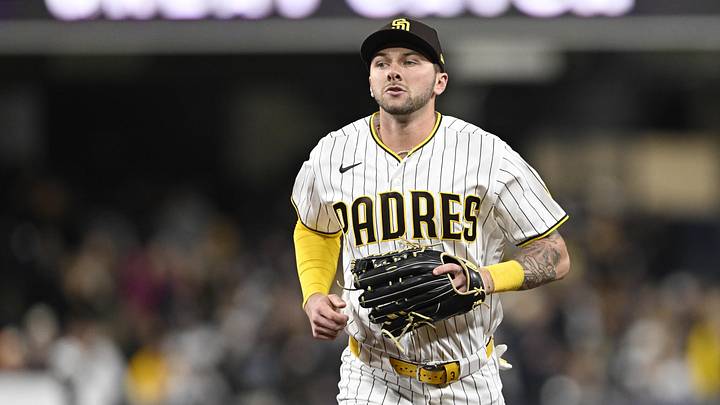 May 18, 2026; San Diego, California, USA; San Diego Padres center fielder Jackson Merrill (3) comes off the field after making a catch on a ball hit by Los Angeles Dodgers third baseman Max Muncy (not pictured) during the seventh inning at Petco Park. Mandatory Credit: Denis Poroy-Imagn Images May 18, 2026; San Diego, California, USA; San Diego Padres center fielder Jackson Merrill (3) comes off the field after making a catch on a ball hit by Los Angeles Dodgers third baseman Max Muncy (not pictured) during the seventh inning at Petco Park. Mandatory Credit: Denis Poroy-Imagn Images