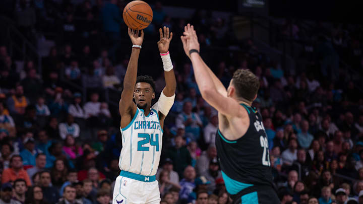 Feb 28, 2026; Charlotte, North Carolina, USA; Charlotte Hornets forward Brandon Miller (24) shoots the ball against the Portland Trail Blazers during the first quarter at Spectrum Center. Mandatory Credit: Scott Kinser-Imagn Images Feb 28, 2026; Charlotte, North Carolina, USA; Charlotte Hornets forward Brandon Miller (24) shoots the ball against the Portland Trail Blazers during the first quarter at Spectrum Center. Mandatory Credit: Scott Kinser-Imagn Images