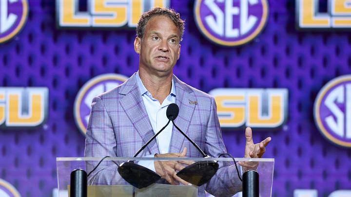 LSU Tigers head coach Lane Kiffin speaks to the press during SEC Football Kickoff Media Day at the Tampa Marriott. 