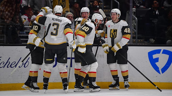 The Golden Knights celebrate Brandon Saad's third-period goal. The Golden Knights celebrate Brandon Saad's third-period goal.
