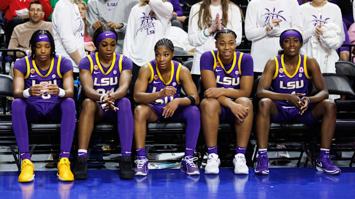 Jan 19, 2025; Gainesville, Florida, USA; LSU Tigers forward Sa'Myah Smith (5), LSU Tigers guard Aneesah Morrow (24), LSU Tigers guard Shayeann Day-Wilson (50), LSU Tigers guard Mikaylah Williams (12) and LSU Tigers guard Flau'Jae Johnson (4) wait to be introduced before a game against the Florida Gators at Exactech Arena at the Stephen C. O'Connell Center. Mandatory Credit: Matt Pendleton-Imagn Images Jan 19, 2025; Gainesville, Florida, USA; LSU Tigers forward Sa'Myah Smith (5), LSU Tigers guard Aneesah Morrow (24), LSU Tigers guard Shayeann Day-Wilson (50), LSU Tigers guard Mikaylah Williams (12) and LSU Tigers guard Flau'Jae Johnson (4) wait to be introduced before a game against the Florida Gators at Exactech Arena at the Stephen C. O'Connell Center. Mandatory Credit: Matt Pendleton-Imagn Images