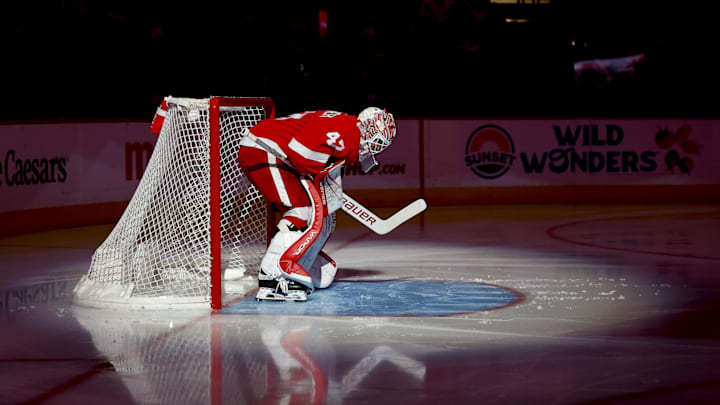 Dec 22, 2023; Detroit, Michigan, USA;  Detroit Red Wings goaltender James Reimer (47) gets set