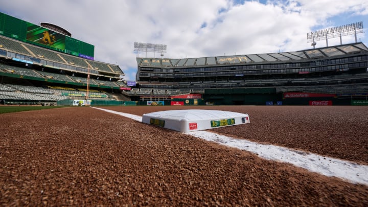 Sep 24, 2023; Oakland, California, USA; A general view of third base at Oakland-Alameda County