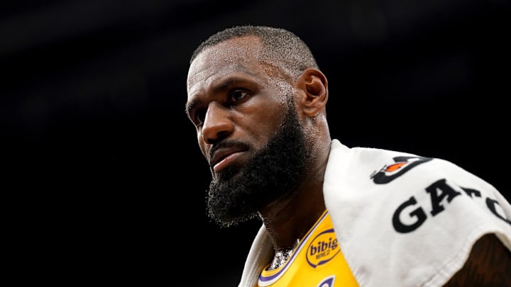 Dec 19, 2024; Sacramento, California, USA; Los Angeles Lakers forward LeBron James (23) walks towards the team bench during a timeout against the Sacramento Kings in the fourth quarter at the Golden 1 Center. 