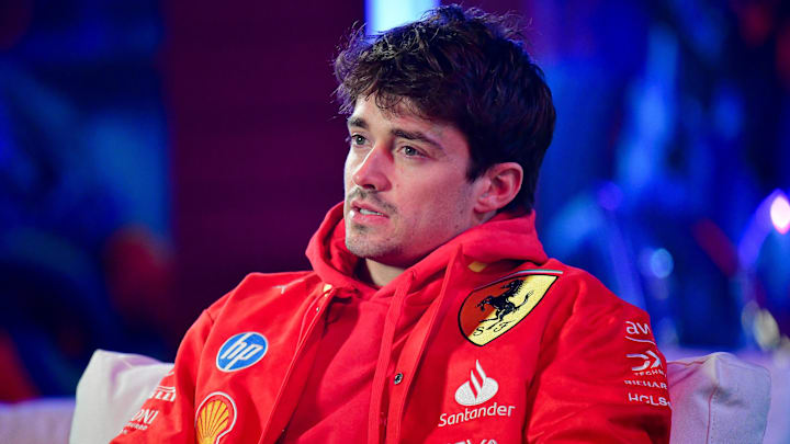 Nov 20, 2024; Las Vegas, Nevada, USA; Scuderia Ferrari driver Charles Leclerc (16) during media availabilties at Las Vegas Circuit. Mandatory Credit: Gary A. Vasquez-Imagn Images