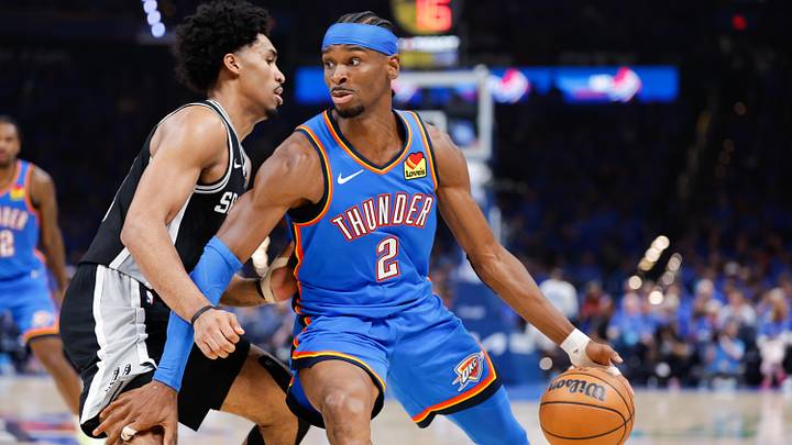 May 18, 2026; Oklahoma City, Oklahoma, USA; Oklahoma City Thunder guard Shai Gilgeous-Alexander (2) drives the ball in the third quarter against the San Antonio Spurs during game one of the western conference finals for the 2026 NBA playoffs at Paycom Center. Mandatory Credit: Alonzo Adams-Imagn Images