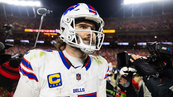 Buffalo Bills quarterback Josh Allen reacts as he walks off the field after losing to the Kansas City Chiefs during the AFC Championship game.