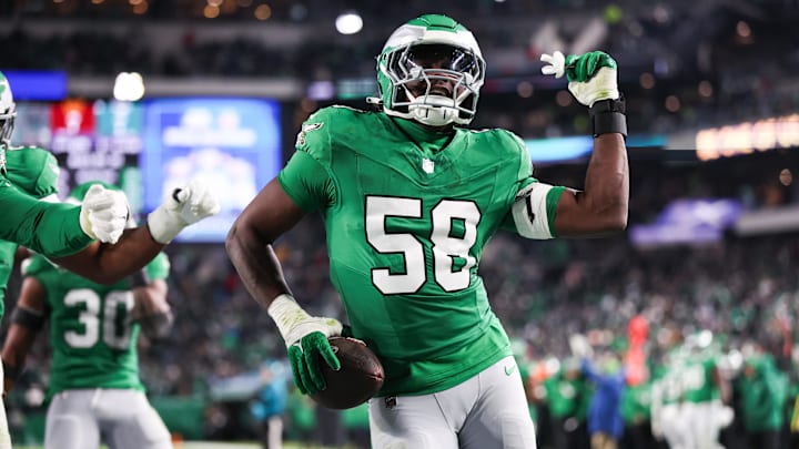 Jan 4, 2026; Philadelphia, Pennsylvania, USA; Philadelphia Eagles linebacker Jalyx Hunt (58) celebrates an interception during the second quarter against the Washington Commanders at Lincoln Financial Field. Mandatory Credit: Bill Streicher-Imagn Images Jan 4, 2026; Philadelphia, Pennsylvania, USA; Philadelphia Eagles linebacker Jalyx Hunt (58) celebrates an interception during the second quarter against the Washington Commanders at Lincoln Financial Field. Mandatory Credit: Bill Streicher-Imagn Images